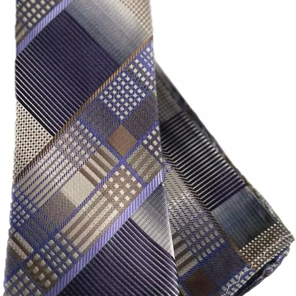 Stacy Adams Men's Tie & Hanky Beige Purple Rust Lilac Silver Plaids 3.25